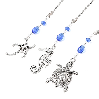 6Pcs 3 Styles Ocean Theme Glass & Alloy Charms Ceiling Fan Pull Chain Extenders, with Iron Ball Chain, Mixed Shapes