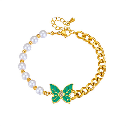 Green Oil Drop Butterfly Diamond Pearl Chain Retro Bracelet