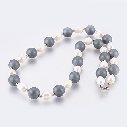 Beaded Necklaces, with Frosted Grade AA Non-magnetic Synthetic Hematite, Shell Beads and Natural Pearl Beads