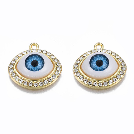 Rack Plating Alloy Enamel Pendants, with Crystal Rhinestone, Light Gold, Cadmium Free & Nickel Free & Lead Free, Evil Eye
