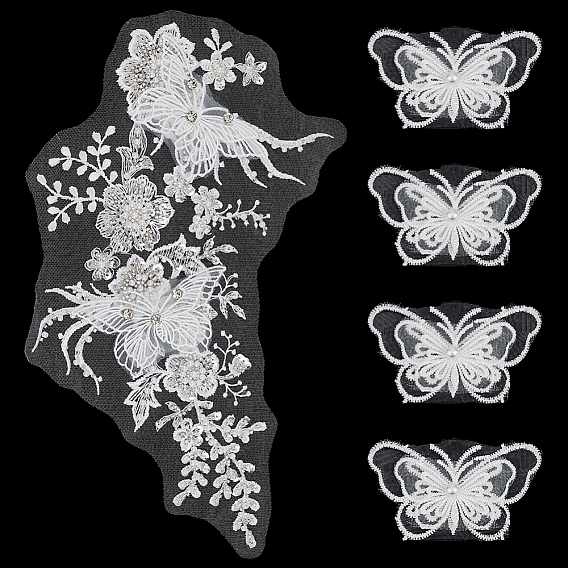 4Pcs Cotton Lace Clothing Patches, Butterfly, with 1Pc Net Fabric Clothing Patches, Flower