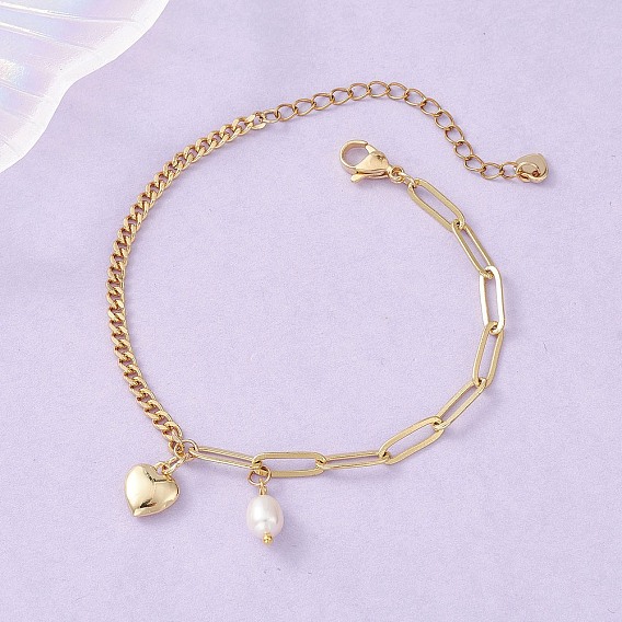 Браслеты с подвесками в форме сердца из латуни и натурального культивированного пресноводного жемчуга, латунные браслеты из скрепок и цепочек-панцирей для женщин