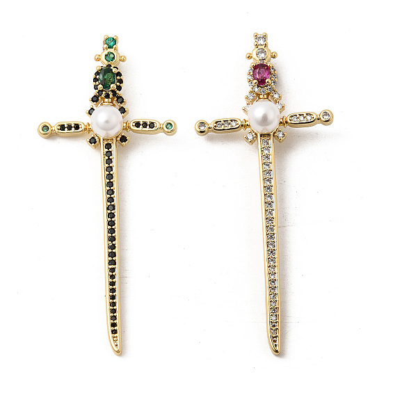 Латунные микро проложить кубического циркония подвески, с ABS имитации жемчуга, долговечный, стойки покрытие, без свинца и без кадмия, меч с крестообразными подвесками, реальный 18 k позолоченный