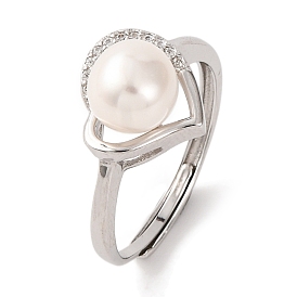 Heart Plated 925 Sterling Silver Clear Cubic Zirconia Adjustable Rings, Round Natural Pearl Bead Finger Rings for Women