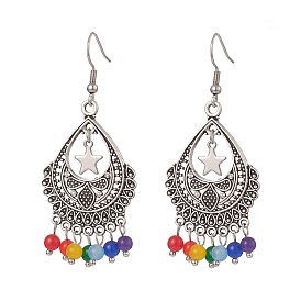 Dyed Natural Malaysia Round Beaded Alloy Teardrop Chandelier Earrings, 304 Stainless Steel Jewelry for Women
