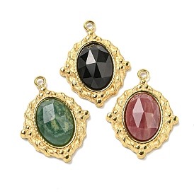 Vacuum Plating 304 Stainless Steel Pendants, Faceted Natural Gemstone Oval Charms, Real 18K Gold Plated