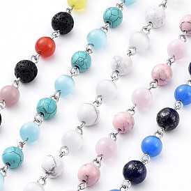 Cadenas de piedras preciosas hechas a mano con cuentas, sin soldar, con cuentas de ojo de gato y 304 pasador de ojo de acero inoxidable, rondo, color acero inoxidable