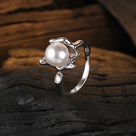 Stylish S925 Silver Texture Ring with Pearl and Floral Design for Women's Index Finger