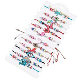 SUNNYCLUE 12Pcs 12 Style Flamingo & Butterfly & Starfish & Hamsa Hand with Evil Eye & Flower Alloy Link Braided Bead Bracelets Set, Polymer Clay Beaded Stackable Bracelets for Children