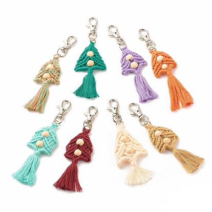 Porte-clés pompon en polycoton (coton polyester), avec fermoirs mousquetons pivotants en bois brut et alliage