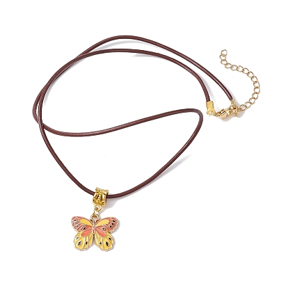 Alloy Enamel Butterfly Pendant Necklaces, with Cowhide Leather Cord