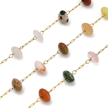 Ручная работа 304 бусины из нержавеющей стали со смешанными драгоценными камнями, цепочки-рондель, долговечный, пайки, с катушкой, ионное покрытие (ip), реальный 18 k позолоченный