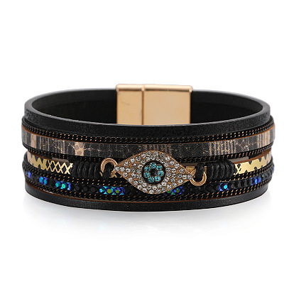 Ethnic-style multi-layer PU leather bracelet with demon eye inlay - unique design.