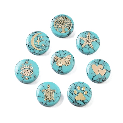 Синтетические бирюзовые бусины, с золотистыми латунными пластинами, плоско-круглые