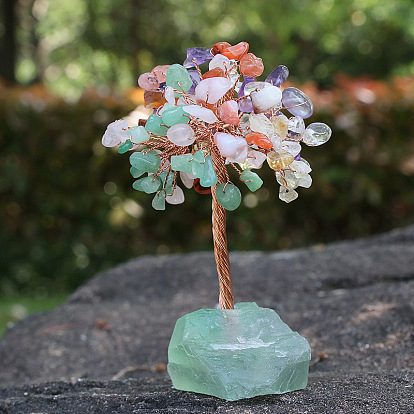 Natural Gemstone Chips Tree Decorations, Ntural Fluorite Base with Copper Wire Feng Shui Energy Stone Gift for Home Office Desktop Decoration