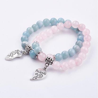 Natural Gemstone Charm Stretch Bracelets, with 304 Stainless Steel & Alloy Findings, Best Friends