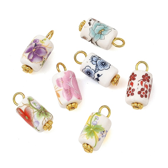 Printed Handmade Porcelain Pendants, Column with Floral Pattern Charms, with Tibetan Style Alloy Daisy Spacer Beads and Iron Flat Head Pins, Mixed Color