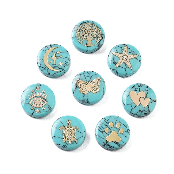 Синтетические бирюзовые бусины, с золотистыми латунными пластинами, плоско-круглые