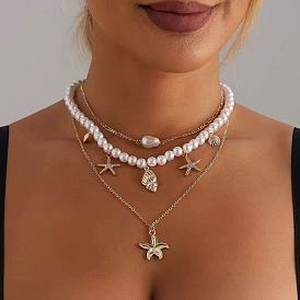 Летний пляж сплав морская звезда кулон ракушка и искусственный жемчуг бусины 3 многослойные ожерелья для женщин, золотые