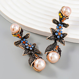Autumn and winter multi-layer alloy diamond inlaid pearl flower earrings female retro temperament earrings