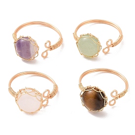 Natural Mixed Gemstone Half Round Open Cuff Rings, Light Gold Copper Wire Wrapped Jewelry