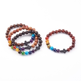 Chakra Jewelry, Natural Wood Beaded Stretch Bracelets, with Natural & Synthetic Gemstone Beads, Round & Cross