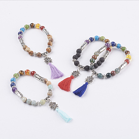 Chakra-Schmuck, Edelstein-Charme Armbänder, mit Baumwollfaden Quasten und tibetischen Stil Legierung Lotus Links