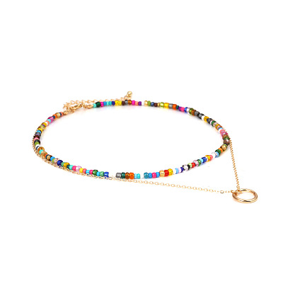 Минималистичное двухслойное ожерелье из разноцветных рисовых бусин с подвеской в виде круга из сплава в стиле ретро и стильной цепочкой на ключицу из бисера для женщин
