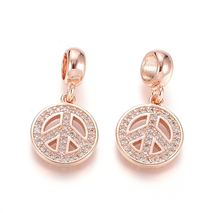 Brass Micro Pave Clear Cubic Zirconia European Dangle Charms, Large Hole Pendants, Peace Sign