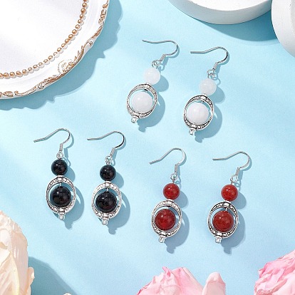 3пара подвесных сережек из натурального черного оникса, натурального сердолика и натурального белого нефрита, с  латунными крючками для серег, круглые