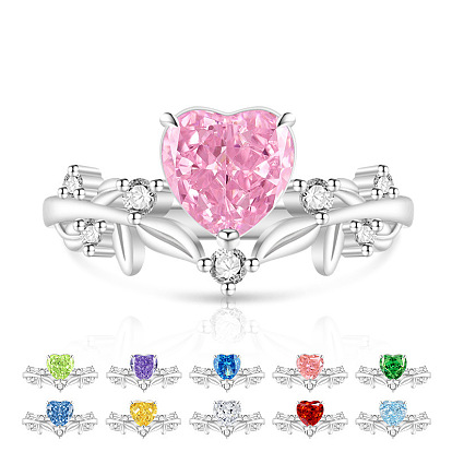 Messing-Fingerringe mit Pavé-Zirkonia, Herz, Platin Farbe