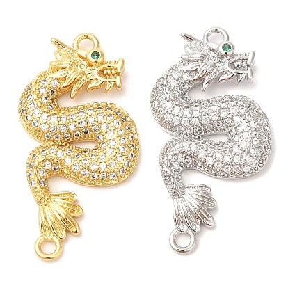 Brass Micro Pave Clear Cubic Zirconia Connector Charms, Lead Free & Cadmium Free, Dragon