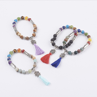Chakra-Schmuck, Edelstein-Charme Armbänder, mit Baumwollfaden Quasten und tibetischen Stil Legierung Lotus Links