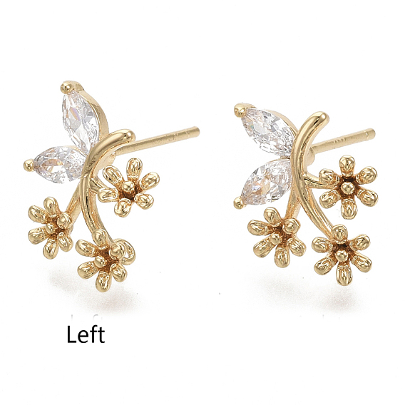 Латунные микро-паве прозрачные серьги-гвоздики из циркония, реальный 18 k позолоченный, без никеля , цветок