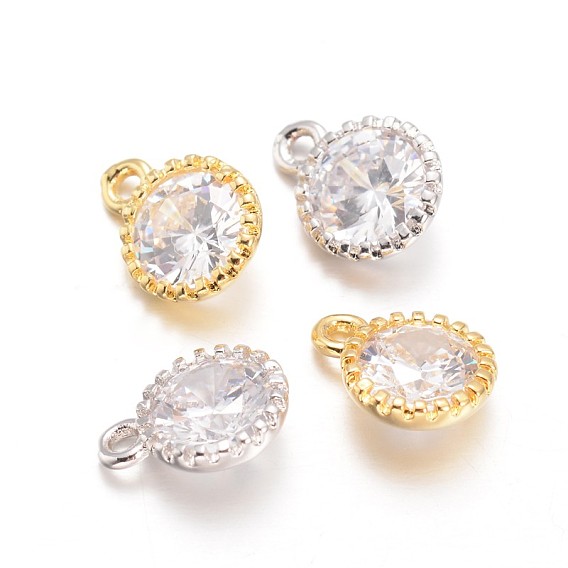 Flat Round Brass Cubic Zirconia Charms, 10x8x4mm, Hole: 1mm