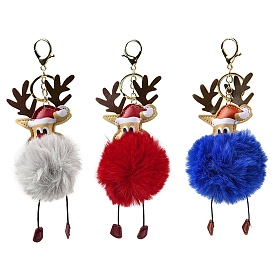 Imitation Rex Rabbit Fur & PU Leather Christmas Reindeer Pendant Keychain, with Alloy Clasp, for Bag Car Pendant Decoration