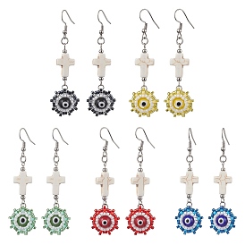 Glass Seed Beads Dangle Earrings, Cross with Evil Eye Lampwork Bead and 304 Stainless Steel Earring Hooks