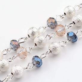 Silver Color Plated Brass Electroplate Glass Beads Handmade Chains, Unwelded, with Textured Beads, 39.3 inch