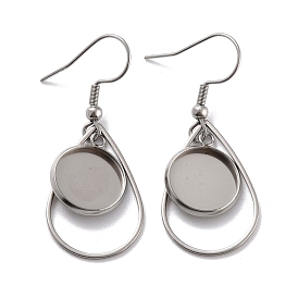 201 Stainless Steel Earring Hooks, with Teardrop Blank Pendant Trays, Flat Round Setting for Cabochon
