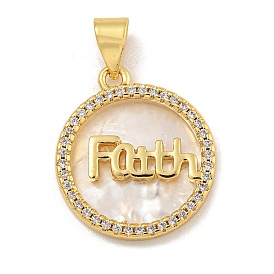 Rack Plating Brass Pave Clear Cubic Zirconia Faith Pendants, Flat Round Charms with Natural Shell, Long-Lasting Plated, Cadmium Free & Lead Free