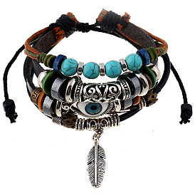 Bracelets multi-rangs en cuir de vachette, Bracelet réglable en bois et turquoise synthétique et perles mauvais œil avec breloques en plumes en alliage