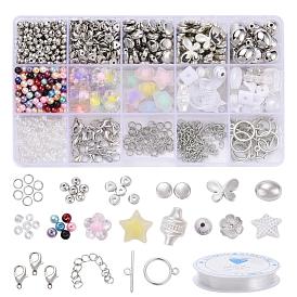 Ensemble de bijoux bricolage faisant des kits, y compris les perles de verre et les perles de rocaille, perles en plastique ccb et abs, Perles acryliques, fermoirs en alliage, chaîne d'extrémité de fer et anneau de saut, Fil cristal, fil élastique