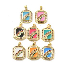 Brass Enamel Pendants, with Micro Pave Cubic Zirconia, Rectangle with Rainbow Charms, Real 18K Gold Plated