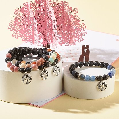 Round Natural Mixed Gemstone Beads Stretch Bracelet, Tree of Life Flat Round Alloy Charm Bracelet, Energy 7 Chakra Jewelry for Her