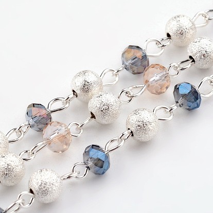 Silver Color Plated Brass Electroplate Glass Beads Handmade Chains, Unwelded, with Textured Beads, 39.3 inch