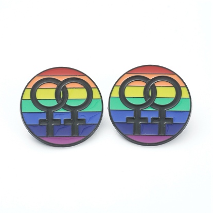 Alloy Enamel Brooches, Enamel Pin, with Butterfly Clutches, Rainbow Flat Round with Female Gender Sign, Electrophoresis Black