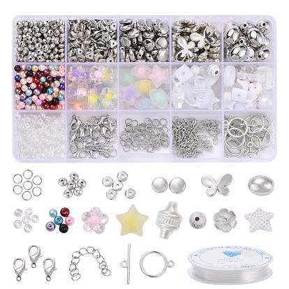 Ensemble de bijoux bricolage faisant des kits, y compris les perles de verre et les perles de rocaille, perles en plastique ccb et abs, Perles acryliques, fermoirs en alliage, chaîne d'extrémité de fer et anneau de saut, Fil cristal, fil élastique