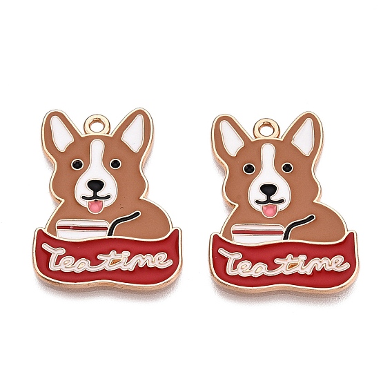 Подвески из эмали и сплава, без свинца и без кадмия, собака со словом «чаепитие», золотые