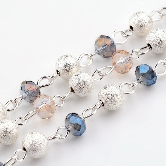 Silver Color Plated Brass Electroplate Glass Beads Handmade Chains, Unwelded, with Textured Beads, 39.3 inch