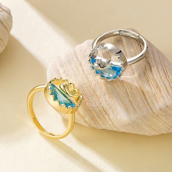 Bagues ouvertes en laiton et strass, dauphin